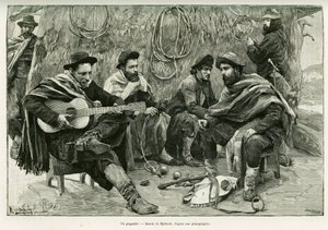 Payador, souboj ve verších chodících zpěváků. Rytina od Myrbach, k ilustraci příběhu Voyage a la Plata, v roce 1886, Emile Daireaux, in le tour du monde 1888, režie Edouard Charton (1807-1890), Hachette, Paříž. od Felicien baron de Myrbach Rheinfeld