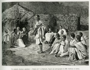 Asmari, chodící zpěvačka. Rytina F. De Myrbach, po fotografii, k ilustraci příběhu Voyage au Choa (Abyssinie meridionale), v letech 1884-1888, Henry Audon, in le tour du monde 1889, režie Edouard Charton (1807-1890), Hachette , Paříž. od Felicien baron de Myrbach Rheinfeld