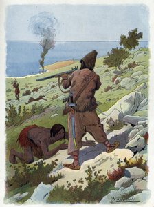 Robinson Crusoe zabíjí divochy, kteří pátky pronásledují.
