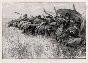 Útok Massaisů. Rytina od Myrbacha k ilustraci příběhu „“Au secours d