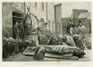 Příjezd mrtvých delfínů do domu pana Ostroma na ostrově Torrents. Rytina od Myrbach pro ilustraci příběhu Un mois dans l