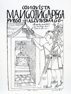 Manco Inca se pokouší vypálit incký palác Cuyus Mango, který byl přeměněn pro křesťanské uctívání, ale Bůh zasáhne (dřevořez) od Felipe Huaman Poma de Ayala