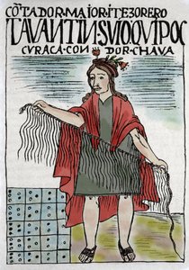Quipu (Quipo Quipou) Incký účetní systém v provazech a uzlech, kultura Inků 1400-1532 n. l., rukopis Felipe Guamana Puma de Ayala (Nueva Coronica y Buen Gobierno), indický fejetonista 16. století.
