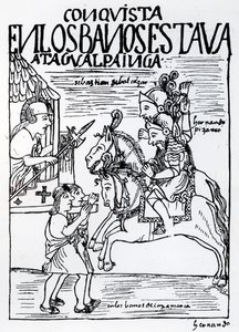 Sebastian de Benalcazar a Hernando Pizarro se střetávají s Inkou Atahualpou v královských lázních v Cajamarce (dřevoryt) od Felipe Huaman Poma de Ayala