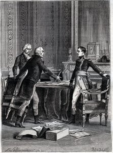 První porada tří konzulů v Peer-Lucembursku - Napoleon Bonaparte, Emmanuel Joseph Sieyes a Pierre Roger-Ducos 1799 - rytina Barbant, po Philippoteaux - První konzulát, 24 Frimaire VIII (15. prosince 1799), první setkání 1.