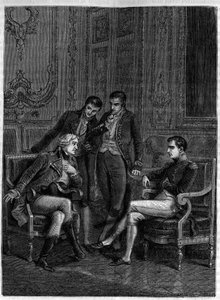 Jean Jacques Regis de Cambaceres (1753-1824) vystavující v Bonaparte, tehdejší první konzul, a jeho bratrům Josephovi a Lucienovi jeho důmyslná kombinace, díky níž se jmenoval Bonaparte Consul a vie“ kolem roku 1804 – (Cambaceres navrhuje jmenování Bonapar