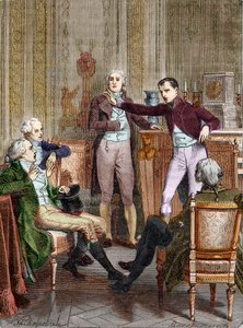 První konzul Bonaparte mluví s matematikem Gaspard Monge - diskuse entre Bonaparte, Premier Consul, et Gaspard Monge (1746-1818) rytina Felix Philippoteaux (1815-1884).