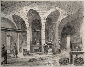 Paříž - Prison de la petite Roquette (vězení pro ženy a teenagery) - Les Cuisines - Rytina podle Felixe Thorignyho - v Le Monde Illustre z července 1865