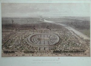 Celkový pohled na Světovou výstavu v Paříži v roce 1867, pořízený z Rapp Gate (barevné litho)