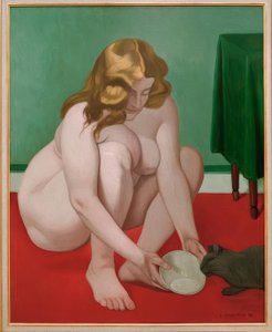 Krčící se žena nabízející mléko kočce od Felix Edouard Vallotton