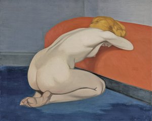Nahá žena klečící před červeným gaučem, 1915