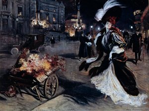 Belle Epoque: Žena ve volavkach v pařížské ulici v noci. Ilustrace Felix Fournery (1865-1938)