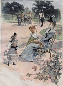 Dětská procházka do aklimatizační zahrady v Paříži v roce 1892. Rytina slévárenského akvarelu.