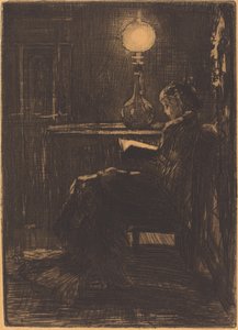 Žena čte ve světle lampy, 1879. od Felix Hilaire Buhot