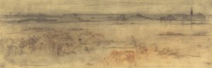 Přímořská krajina s opevněným městem vpravo, ostrovy vlevo a chatou v popředí, c1882. od Felix Hilaire Buhot
