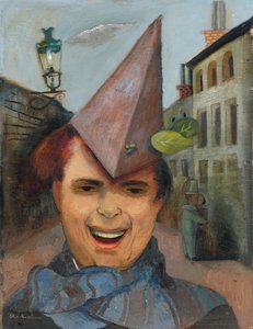 Autoportrét s papírovým kloboukem a modrým šátkem, kolem roku 1936 (olej na překližce) od Felix Nussbaum