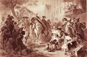 George Washington vstupuje do New Yorku v roce 1783, vyryl Alexander Hay Ritchie (1822-1895) (mezzotinta) od Felix Octavius Carr Darley
