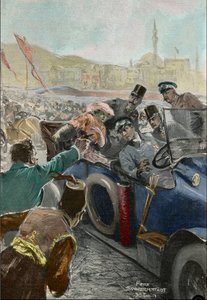 Atentát na Františka Ferdinanda (1863-1914) rakouského arcivévody a jeho manželky Sophie v Sarajevu (rytina)