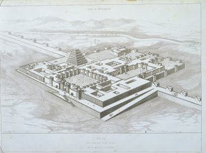 Palác Khorsabad, historický pohled od jihovýchodu s částí opevněných hradeb, ilustrace z „Ninive a Asýrie“ od Victor Place od Felix Thomas