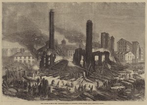 Hořící ruiny Pemberton Mills, v Lawrence, Spojené státy americké