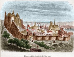 Město Dieppe s hradem (Seine Maritime) (76) v Normandii v roce 1489.