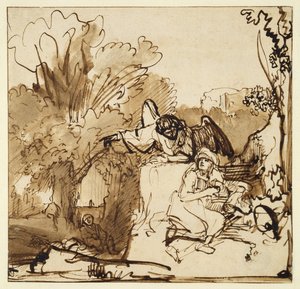 Anděl se zjevuje Hagar a Ismaelovi (pero a inkoust a umýt na papíře) od Ferdinand Bol