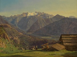 Pohled na horu Dachstein s jezerem Hallstättersee z hory Hütteneckalpe u Ischlu