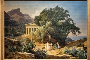 Dórský chrám s Castelmolou a Taorminou v pozadí od Ferdinand Georg Waldmuller