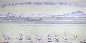 Devět labutí v přední části hornaté krajiny; Ženevský přístav s devíti labutěmi z Quai du Mont Blanc, 1915 od Ferdinand Hodler