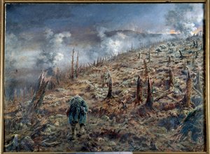 První světová válka (1914-1918): „Role smrti ve Verdunu“ Krajina ruin a popela po bitvě. Obraz Ferdinanda Josepha Gueldryho (1858-1945) 1916 Paříž. Muzeum dvou světových válek
