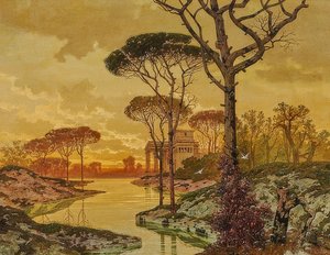 Večerní krajina u řeky se starožitnou vilou. 1901