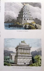 Velký maják v Alexandrii a mauzoleum v Halikarnasu ze série „Sedmi divů světa“ publikované v „Munchener Bilderbogen“, 1886