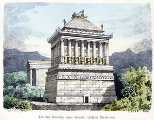 Mauzoleum Halikarnassu ze série „Sedmi divů starověkého světa“ publikované v „Munchener Bilderbogen“. 1886 (barevná rytina)