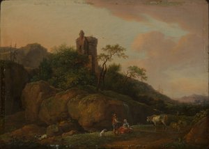 Zřícenina hradu s pastýři a stádem od Ferdinand Kobell