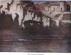 Pohřeb Siegfrieda, ilustrace z hospody The Stories of Wagners Operas. od George Harrap & Co Ltd 1932 od Ferdinand Lecke