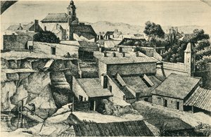 Lom v Alt-Matzleinsdorf, s farním kostelem sv. Floriána ve Vídni, 1814-1815, 1943.