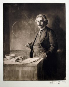 Portrét Alberta Einsteina (1879-1955). Dílo Ferdinanda Schmutzera (1870-1928), rytina