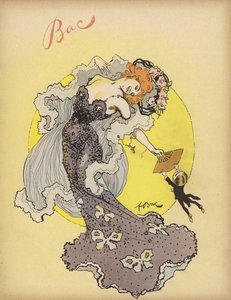 Muž visící na vějíři krásné ženy (barva litho)