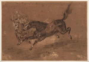 Běžící koně (recto); sedící nahý vousatý muž (verso), asi 1800-1899 (černá a bílá křída (recto), černá a bílá křída a hnědá lazura (verso), na hnědě připraveném hlazeném papíře) od Ferdinand Victor Eugene (follower of) Delacroix