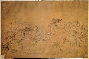 Bitevní scéna Kresba na lososovém papíře Eugene Delacroix (1798-1863) Slunce 19. století. 0,30 x 0,45 m. Paříž, muzeum Louvre od Ferdinand Victor Eugene Delacroix