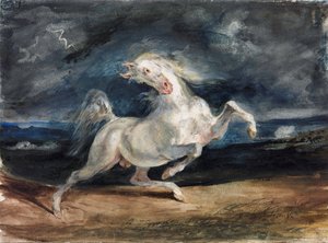 Cheval effraye par la foudre - Kůň vystrašený bleskem - Delacroix, Eugene (1798-1863) - 1825-1829 - Akvarel, kvaš na papíře - 23,6x32 - Szepmuveszeti Muzeum, Budapešť od Ferdinand Victor Eugene Delacroix
