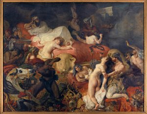 Smrt Sardanapale. Sardanapale, asyrský král obležený povstáními, nechal porazit své ženy a koně, než se zabil. Obraz Eugene Delacroix (1798-1863) od Ferdinand Victor Eugene Delacroix