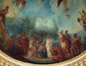 Sestup do Limbes: skupina slavných: zleva doprava, Demosthene (sedící), Xenofónt, Platón a Sokrates, Aspasie (bílá), Apelle, Alexandr Veliký, Aristoteles a Achilles sedící. Obraz od Eugena Delacroixe (1798-1863) zdobící kupoli od Ferdinand Victor Eugene Delacroix