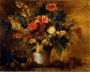 Květiny a ovoce Kytice květin ve váze z gresu. Obraz Eugene Delacroix (1798-1863) 1843 cca. Slunce. 74x93 cm Vienna Kunsthistorisches Museum, Neue Gallery od Ferdinand Victor Eugene Delacroix