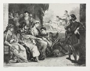 Hamlet: Hamlet přikazuje hercům udělat scénu z otravy jeho otce, 1834. od Ferdinand Victor Eugene Delacroix