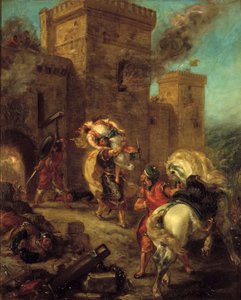 Rebecca vzlétla u templářů během pytle hradu Frondeboeuf. Z knihy Scotta Waltera „Ivanhoe“. Obraz Eugene Delacroix (1798-1863) od Ferdinand Victor Eugene Delacroix