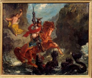 Roger delivrant Angelique (Angelica) dodaná netvorovi piráty je vysvobozena Rogerem (Ruggero, Ruggiero) jede na hipogryfovi - Ilustrace pro „Zuřivý Roland““ (Orlando Furioso) od Ludovica Ariosta (Ariosto) - Obraz Eugene Delacroix ( od Ferdinand Victor Eugene Delacroix