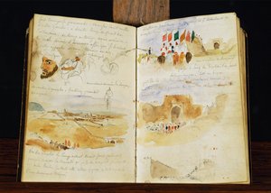 Skicy Arabů, krajiny Maroka, arabské davy, brána Meknesu a ručně psané poznámky ... od Ferdinand Victor Eugene Delacroix
