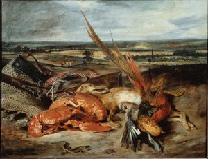 Zátiší s humry a trofejemi z lovu a rybolovu - olej na plátně od Ferdinand Victor Eugene Delacroix