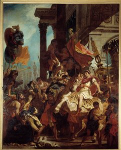 Soudce Trajana Vdova, jejíž syn byl zabit, hledá spravedlnost u císaře Trajana (Marcus Ulpius Trajanus, 53-117), který odchází do války. Ilustrace očistce v „“La Divina Commedia““ (Božská komedie) od Dante Alighieriho (1265-1321) Obraz Eug od Ferdinand Victor Eugene Delacroix